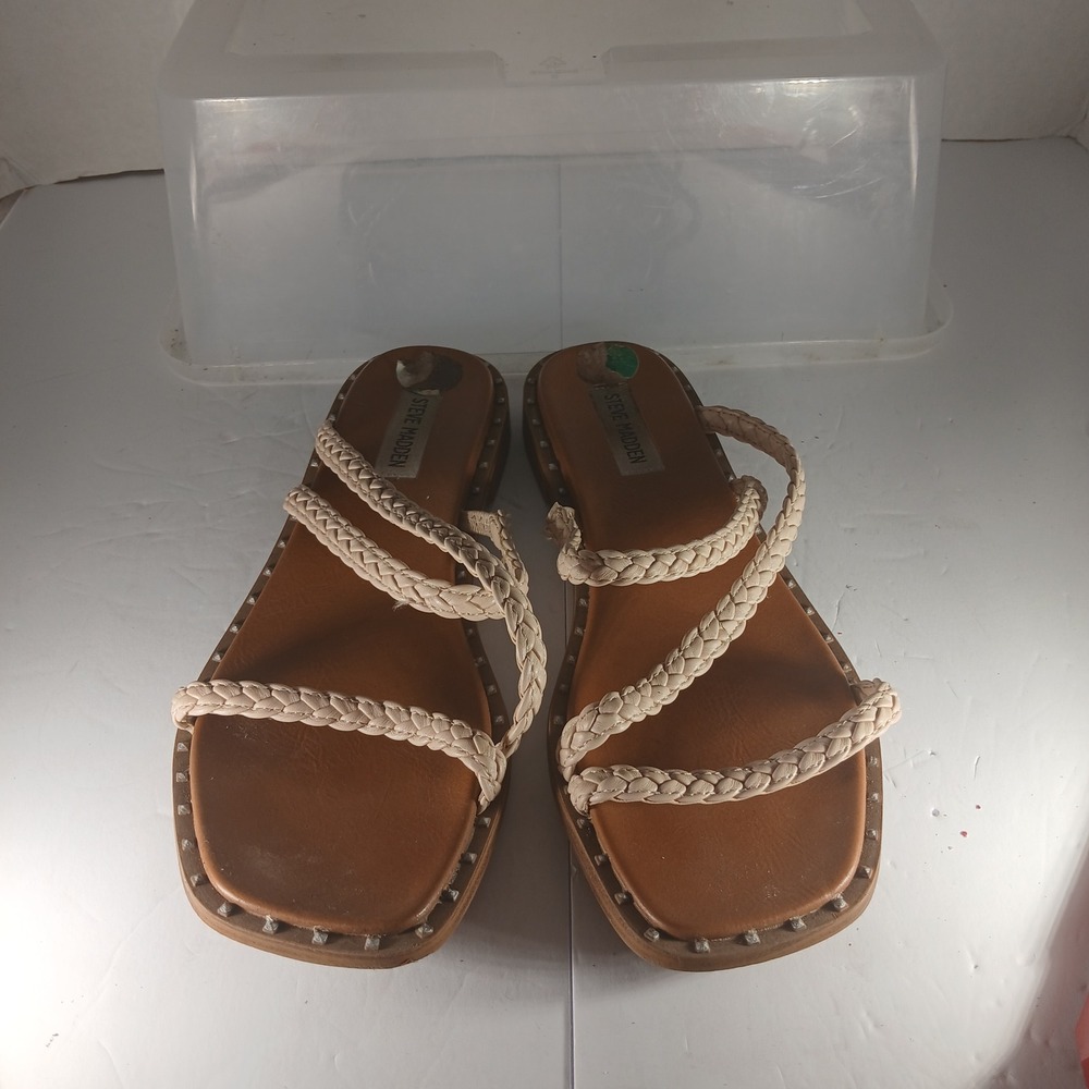 Steve Madden Braided Strappy Sandals 8 Tan Ivory Studded Square Toe Boho Chic - Picture 3 of 9